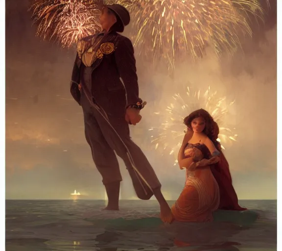 Image similar to photography of a 1 8 th couple in venice with fireworks, deep focus, intricate, elegant, highly detailed, digital painting, artstation, concept art, matte, sharp focus, illustration, art by artgerm and greg rutkowski and alphonse mucha and gil elvgren