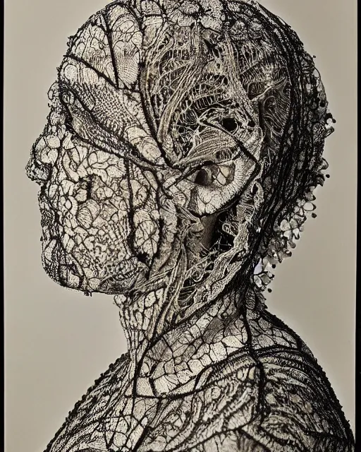 Image similar to a woman's face in profile, made of intricate lace skeleton, in the style of the dutch masters and gregory crewdson, dark and moody