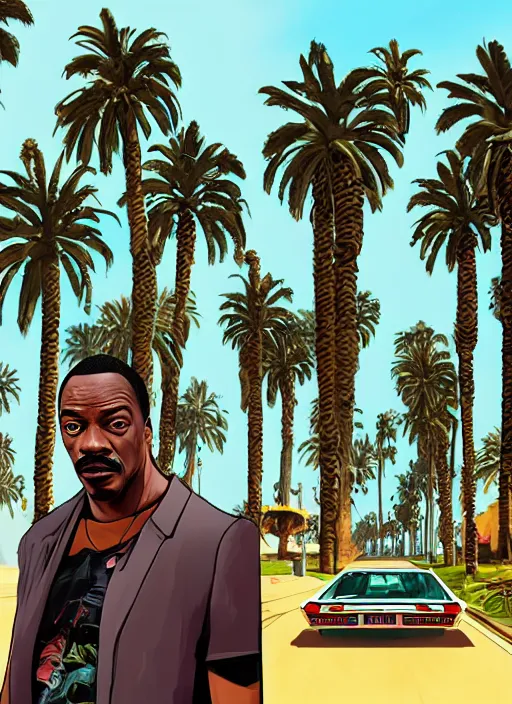 Prompt: eddie murphy gta v los santos in background, palm trees. in the art style of stephen bliss.