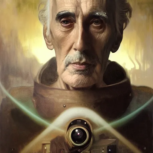 Prompt: hyperrealist portrait of christopher lee as an ancient old alien with large cruel intelligent eyes and a huge head standing in front of a computer interface by jeremy mann and alphonse mucha and alan lee, fantasy art, photo realistic, dynamic lighting, artstation, poster, volumetric lighting, very detailed faces, award winning, full face, symmetry