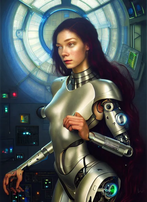 Prompt: cyborg recharging in a computer lab, diffuse lighting, fantasy, intricate, elegant, highly detailed, lifelike, photorealistic, digital painting, artstation, illustration, concept art, smooth, sharp focus, art by John Collier and Albert Aublet and James jean and Brian froud and ross tran and Artem Demura and Alphonse Mucha