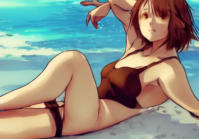 Image similar to A girl with short brown hair, wearing a swimsuit, laying on the beach drawn by WLOP, by Avetetsuya Studios, attractive character, colored sketch anime manga panel, trending on Artstation