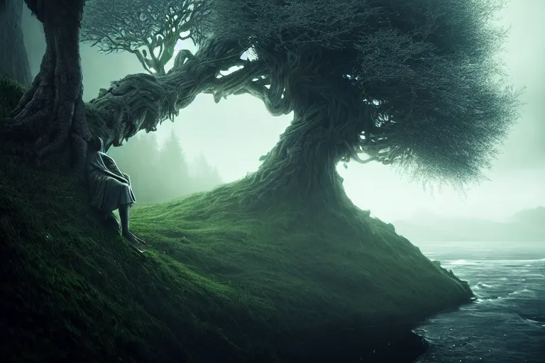 Prompt: an ultra realistic, cinematic headshot portrait, of an evil tree wizard, background of a vast serene landscape, with trees and rivers, detailed, deep focus, movie still, dramatic lighting, ray tracing, by michal karcz and yoshitaka amano