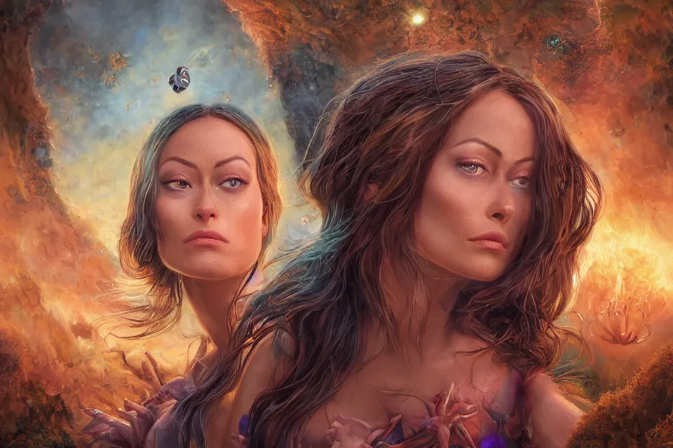 Prompt: big-eyed surprised Quorra, played by Olivia Wilde staring intensely into the camera, sundown golden hour firefly wisps, Lilia Alvarado, Sophie Anderson, Mark Arian, Bob Byerley, Charlie Bowater, Mark Brooks, Steve Henderson, Justin Gerard, Arthur Hughes, Edward Robert Hughes, Mark Keathley, Victor Nizovtsev, Carlos Shwabe, Ross Tran, WLOP