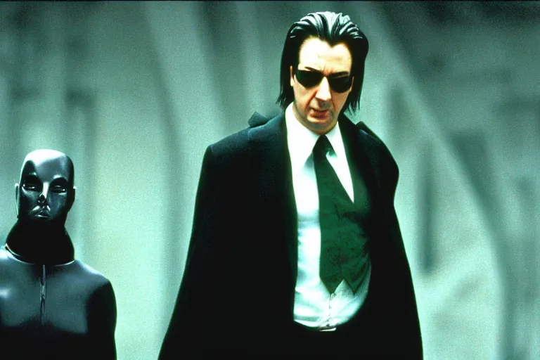 Image similar to film still of Alan Rickman as Neo in The Matrix 1999