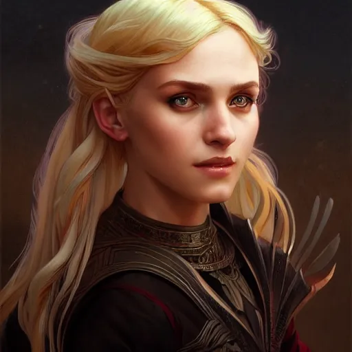 Image similar to an epic fantasy comic book style portrait painting of a young blonde girl thief, d & d, fantasy, joyful smirk, intricate, elegant, highly detailed, digital painting, artstation, concept art, matte, sharp focus, illustration, art by artgerm and greg rutkowski and alphonse mucha, 8 k