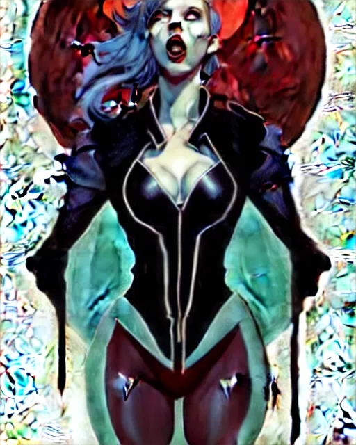 Image similar to rafael albuquerque comic art, art nouveau, peter mohrbacher, artgerm, pretty scarlett johansson vampire sharp vampire teeth open mouth, symmetrical eyes, black leather jacket, jeans, long blonde hair, full body