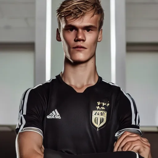 Image similar to a realistic detailed photo of a guy who is an attractive humanoid who is half robot and half humanoid, who is a male android, soccer player martin ødegaard, shiny skin, posing like a statue, blank stare, in a living room, on display, showing off his muscles