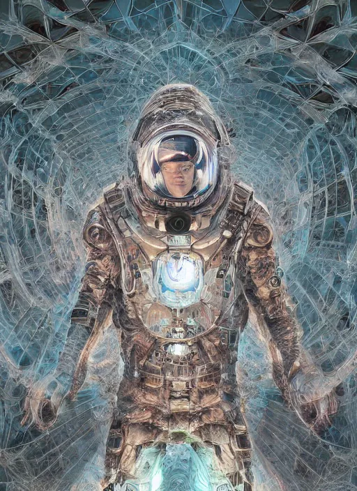 Prompt: astronauts in dark and empty void underwater - complex and hyperdetailed technical suit. mandelbulb fractal. reflection and dispersion materials. rays and dispersion of light. volumetric light. 5 0 mm, f / 3 2. noise film photo. flash photography. ultra realistic, wide angle. poster by wayne barlowe, hajime sorayama aaron horkey, craig mullins