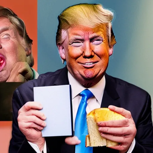 Image similar to donald trump eating a sandwich made with a picture of hilary clinton. he's reading a book of poetry written by a terrorist.