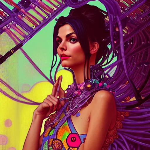 Prompt: a beautiful portrait painting of a ( sarcastic ) victoria justice covered with wires by simon stalenhag and pascal blanche and alphonse mucha!! and nekro!! and josan gonzalez in style of digital art. colorful comic, film noirs, pencil stroke, vibrating colors, hyper detailed. octane render. trending on artstation