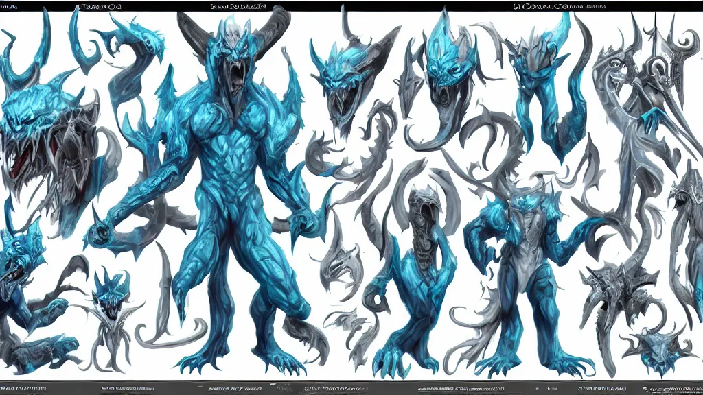 Image similar to a fantasy white and pale blue draconian demon with bright eyes character design sheet, trending on artstation