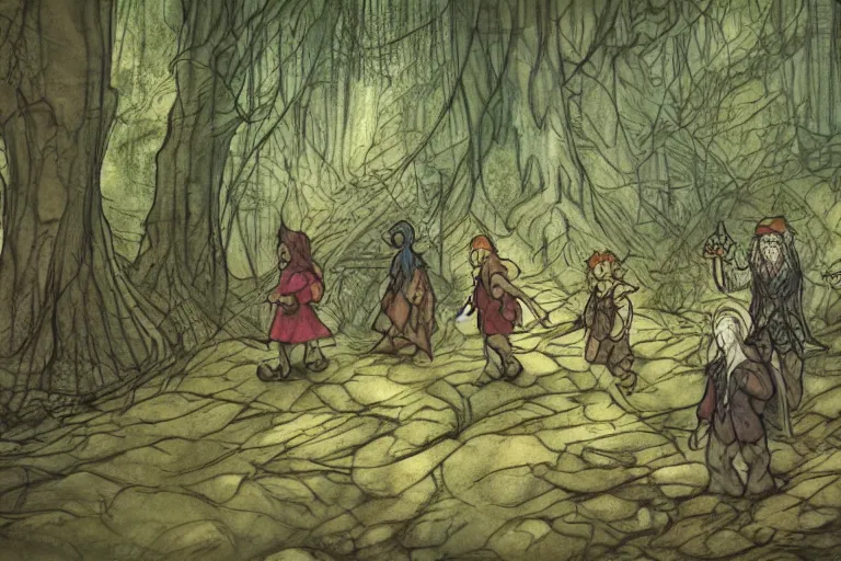 Prompt: dwarf, elf, halfling and human walking down a forest path, in the style of Greg Broadmore and Arthur Rackham,trending on artstation, light lighting side view,digital art,surrealism ,macro,blueprint ,vaporwave ,
