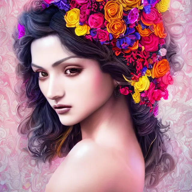 Image similar to studio portrait absurdly beautiful, elegant, lovely, young hypercolorful sensual latina idol rubies red petals gems, ultrafine hyperrealistic detailed face illustration by kim jung gi, irakli nadar, intricate linework, sharp focus, bright colors, matte, octopath traveler, final fantasy, unreal engine highly rendered, global illumination, radiant light, intricate rainbow environment