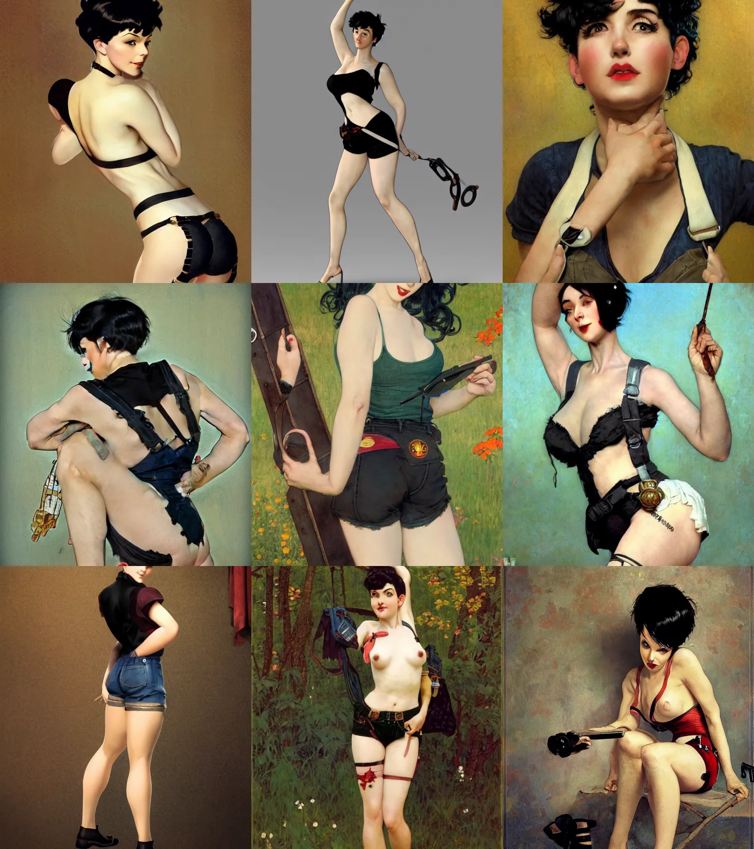 Prompt: a beutiful woman with black hair pixie cut in shorts with suspenders drawn by wlop, norman rockwell, frank frazetta, peter paul rubens, alphonse mucha, gustav klimt 4k, unreal 5, DAZ, french noveau, octane render, hyperrealistic