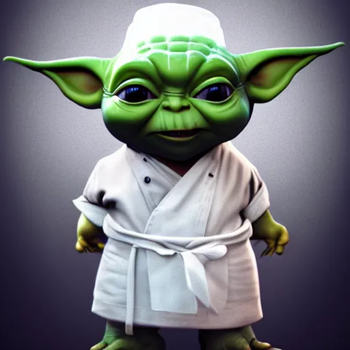 Image similar to curious mouth agape innocent tiny chubby babyfat baby yoda as chef wearing white chefs hat and white apron, offering a plate of food, vegetables, photography, hyperrealism, unreal engine, octane 3 d render, houdini, unity 3 d