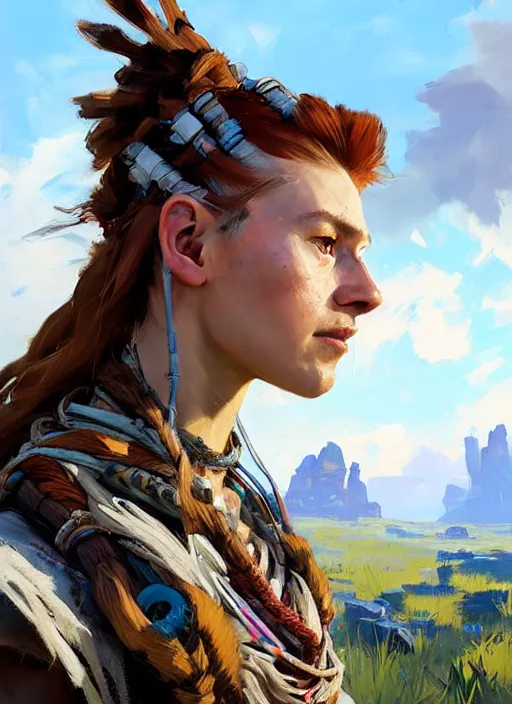 Prompt: portrait of a eastern european Aloy from Horizon Zero Dawn in the style of Apex Legends practicing, countryside, calm, fantasy character portrait, dynamic pose, above view, sunny day, clouds in the sky, artwork by Jeremy Lipkin and Giuseppe Dangelico Pino and Michael Garmash and Rob Rey and Greg Manchess, very coherent asymmetrical artwork, sharp edges, perfect face, simple form, 100mm