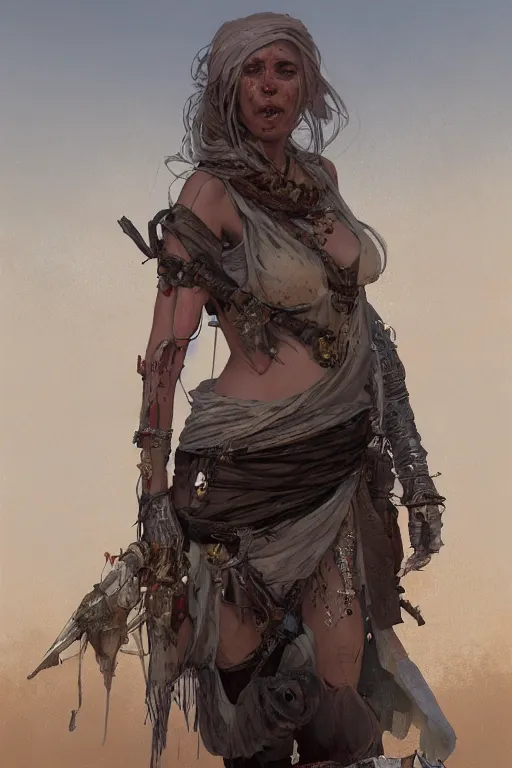 Prompt: a full body portrait of a beautiful post apocalyptic offworld musicians district bedouin blind pulp fiction scarlet wild rogue barbarian leper begging by the roadside, intricate, elegant, highly detailed, digital painting, artstation, concept art, smooth, sharp focus, illustration, art by krenz cushart and artem demura and alphonse mucha