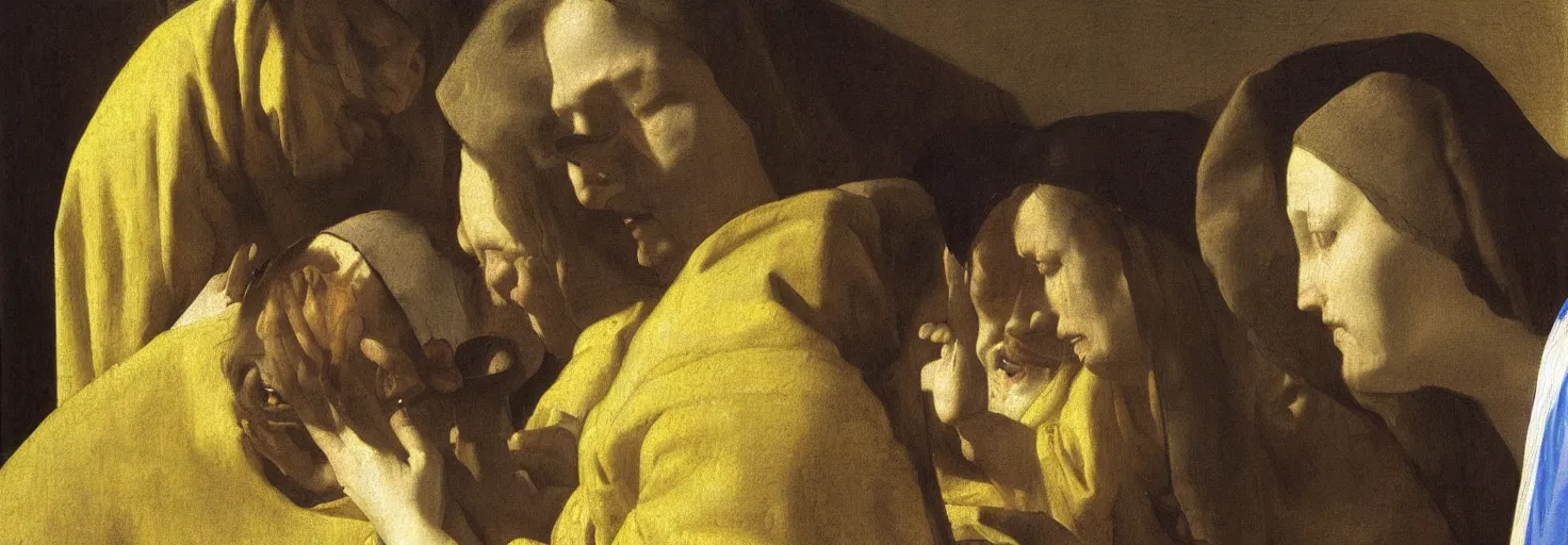 Image similar to a vermeer drawing of three maria's crying at the death of christ