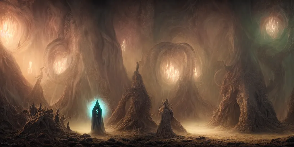 Prompt: ! dream 4 k photorealistic matte painting photography of circle group of necromancer priest in an invoking ritual in front of a viscosity cthulhu within a lovecraft portal, wide - angle portrait, atmospheric lighting, rich deep colors masterpiece, fractal crystals, fantasy portrait by tom bagshaw