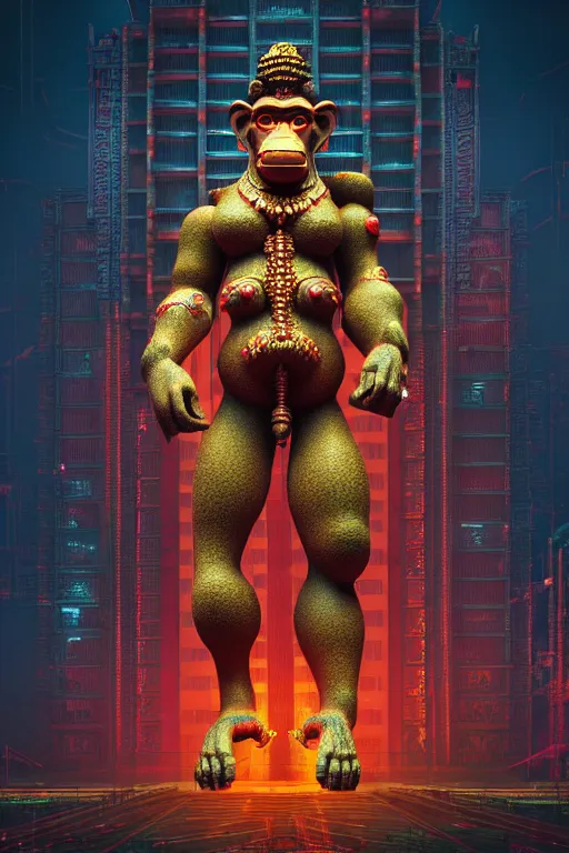 Image similar to high quality 3 d render post - rococo cyberpunk hanuman! head building, neon madhubani, highly detailed, in sci - fi mumbai, cinematic smooth unreal engine, lee madgwick & liam wong, dramatic light, low angle, uhd 8 k, sharp focus