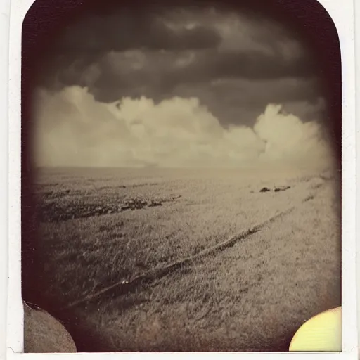 Prompt: an aged polaroid photo of a young woman seen from behind, a gigantic alien monster looms in the distance, detailed clouds, warm azure and red tones, film grain, color bleed