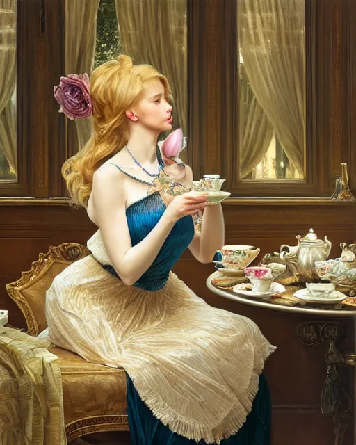 Prompt: Portrait of a blonde lady & a mallard & a pig having tea at the Ritz, real life skin, intricate, elegant, highly detailed, artstation, concept art, smooth, sharp focus, art by artgerm and greg rutkowski and alphonse mucha