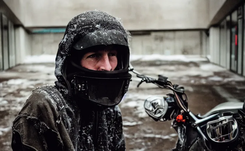 Image similar to cinestill 5 0 d candid photographic portrait by helen levitt of britt lower wearing rugged black mesh techwear on a dirtbike through an abandoned mall, extreme closeup, modern cyberpunk moody emotional cinematic, snow storm, 8 k, hd, high resolution, 3 5 mm, f / 3 2, ultra realistic faces, ex machina