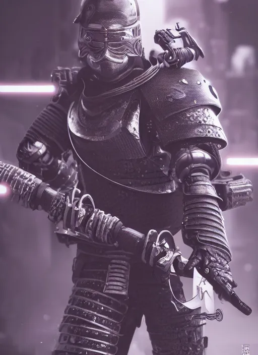 Prompt: ultra realistic and intricate detailed photograph of a cyborg samurai, ninja, katana, war background, neon, cyberpunk, technology, innovation, bright modern style, artstation, unreal render, depth of field, ambient lighting, award winning, stunning