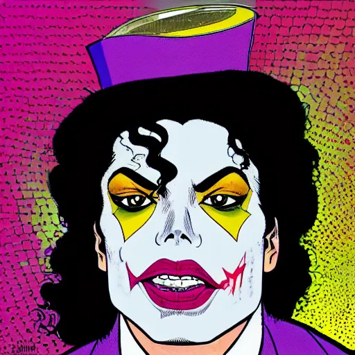 Image similar to dynamic macro head portrait of beautifu michael jackson as the joker in white sequined jacket by john romita sr and cory walker and ryan ottley and jack kirby and barry windsor - smith, comic, illustration, photo real