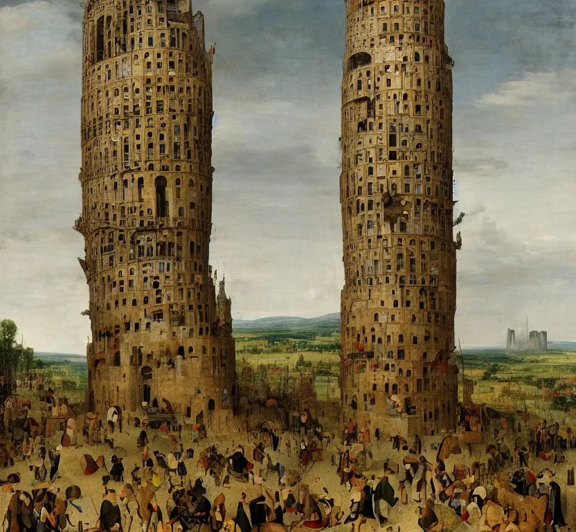 Image similar to a tall tower, somewhat similar to babel, by pieter breugel the elder