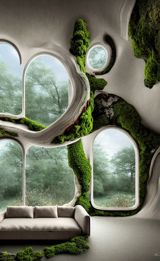 Image similar to highly detailed villa natural beautiful light interior soft cinematic composition of a smooth ceramic porcelain biomorphic magnolia stone nebula fluid sci - fi surreal colorful architecture landscape, furniture, granite, trees, marble, moss, lichen, fungi, vincent callebaut composition, mamou - mani, archviz, 8 k, unreal engine, hdr