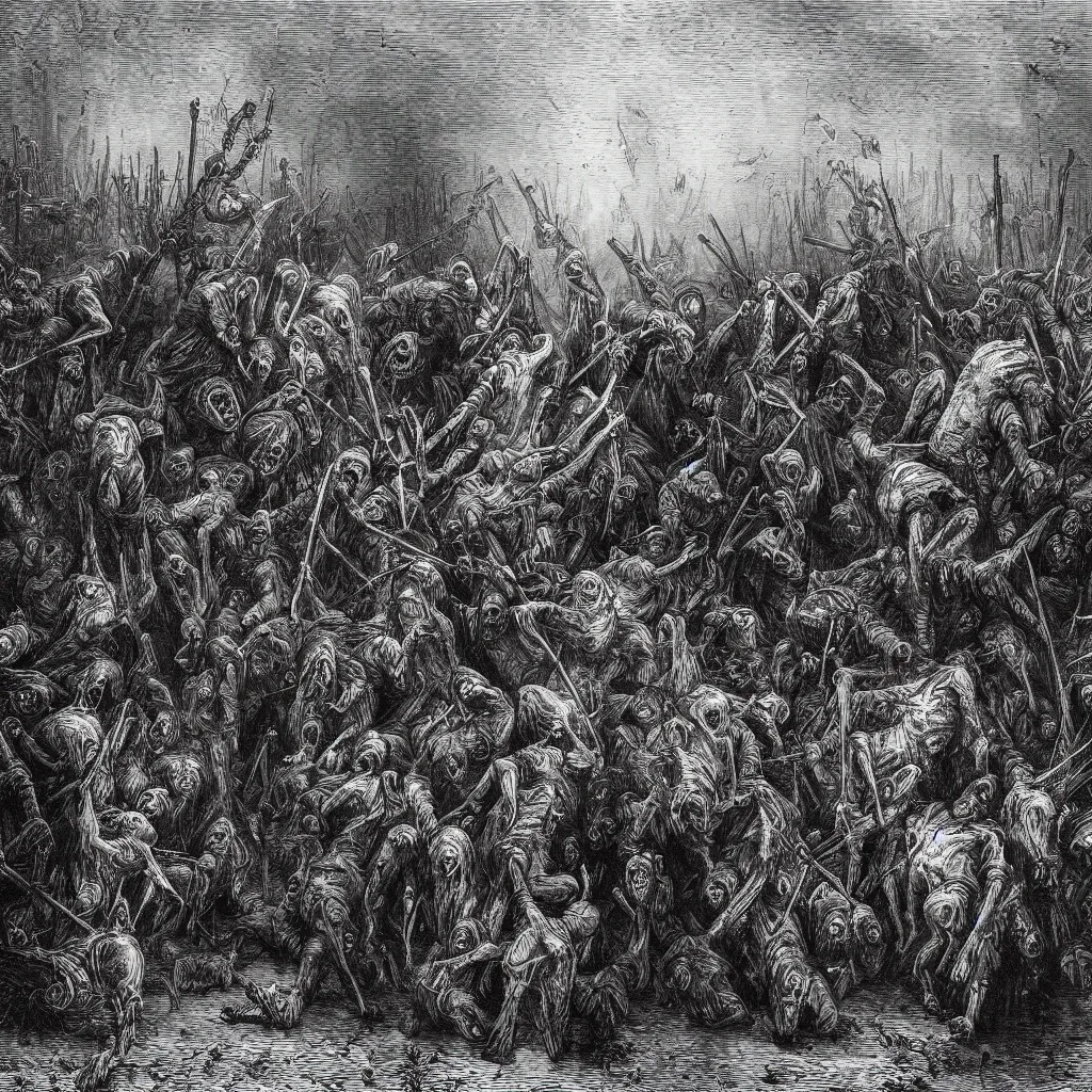 Image similar to zombies, nine steel barrels in a graveyard, creepy atmosphere, dark, realistic, illustration by gustave dore