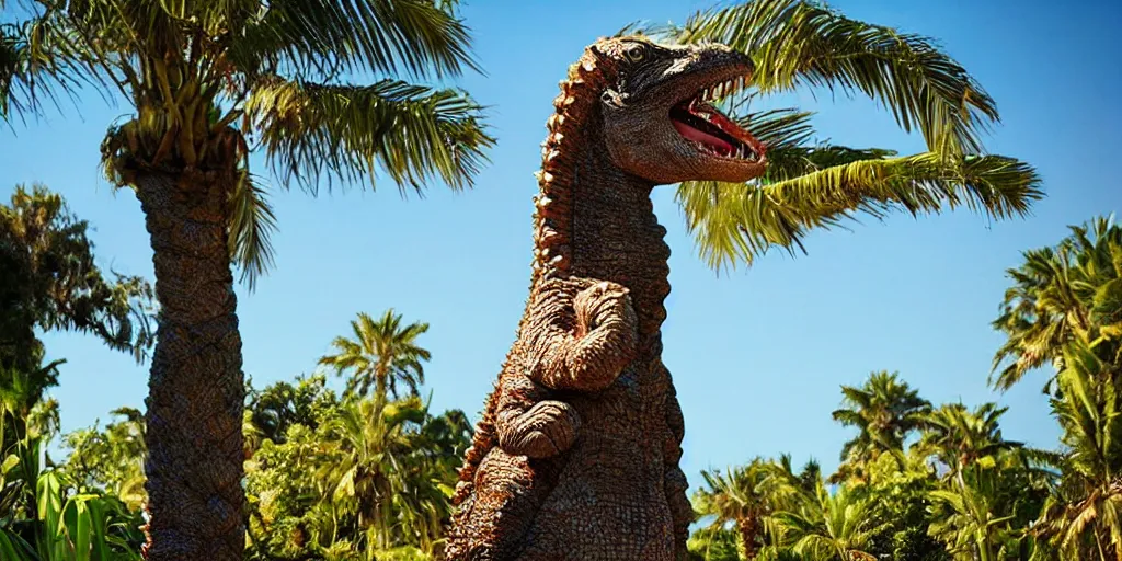 Prompt: photo of a very long neck godzilla nibbling on palm trees, silly, funny, weird and odd