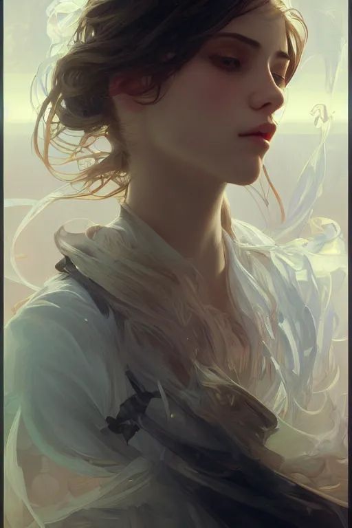 Image similar to final fantsy, digital painting, portrait, elegant, cinematic lighting, mysterious, highly detailed, artstation, concept art, illustration, smooth, sharp focus, editor's pickup, trending on artstation, trending on deviantart, alphonse mucha, WLOP