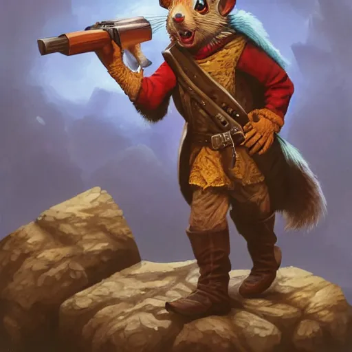 Image similar to a dnd character, a squirrel wizard holding a gun, by Alex horley