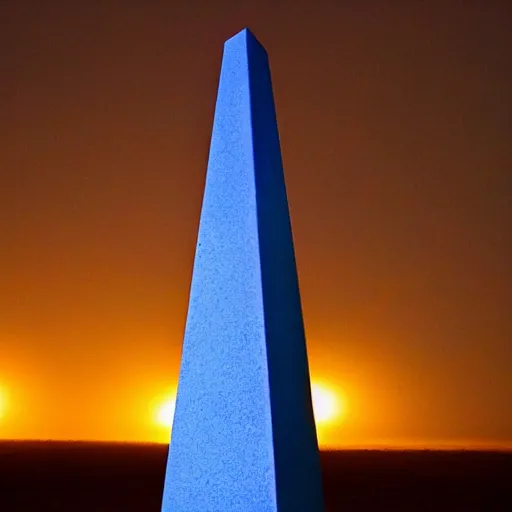 Image similar to magical blue glowing obelisk standing on a plain in the moonshine at night. foggy. eerie.