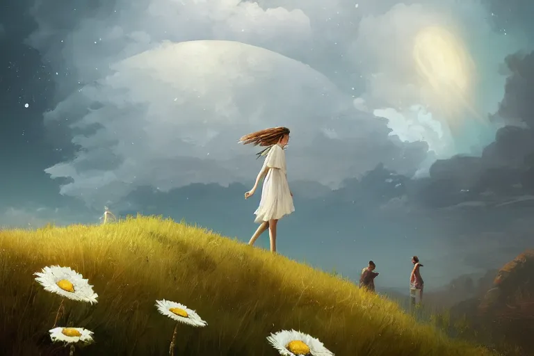 Image similar to giant white daisy flower under the head, girl walking on cliff, surreal photography, solar eclipse, milky way, dramatic light, impressionist painting, clouds, digital painting, artstation, james gilleard, liam wong, jeremy mann, simon stalenhag