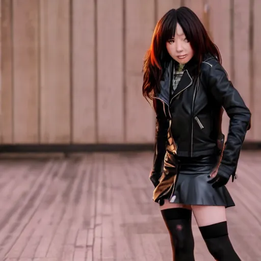 Image similar to a dynamic, epic cinematic 8K HD movie shot of a japanese young J-Pop idol girl wearing leather jacket, miniskirt, nylon tights and high heels boots. Motion, VFX, Inspirational arthouse