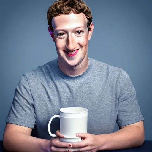 Image similar to Mark Zuckerberg as a holding a cup coaster EOS-1D, f/1.4, ISO 200, 1/160s, 8K, RAW, unedited, symmetrical balance, in-frame, Photoshop, Nvidia, Topaz AI