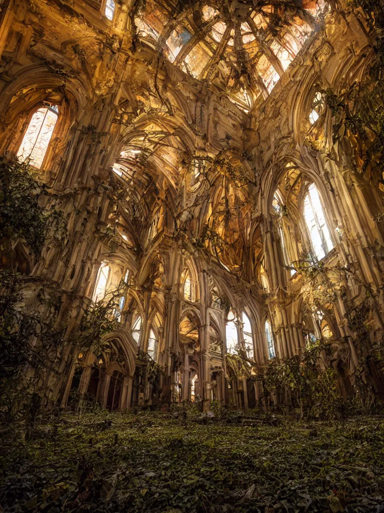 Image similar to Wide angle photograph of the inside of an abandoned cathedral, with a broken roof and overgrown with vines and bushes, cinematic lighting, epic scene, dramatic lighting, evening light, sunset, golden hour, fuji velvia, Flickr, national geographic, taken by Daniel Kordan