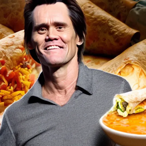 Image similar to photo of jim carrey stuffed inside of a burrito