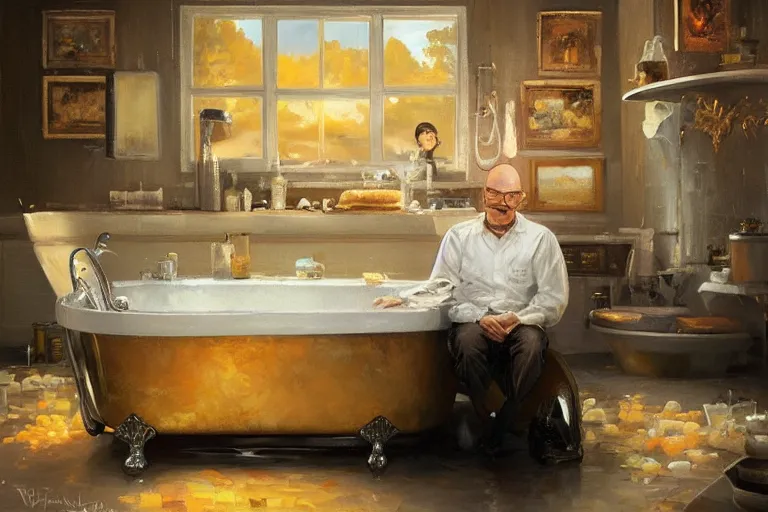 Image similar to portrait of walter white sitting in a bathtub full of mac and cheese, an oil painting by ross tran and thomas kincade