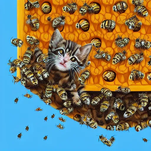 Prompt: photorealistic kitten fighting a swarm of bees. bee hive hyperdetailed photorealism