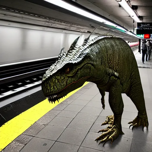 Prompt: a t - rex in the subways