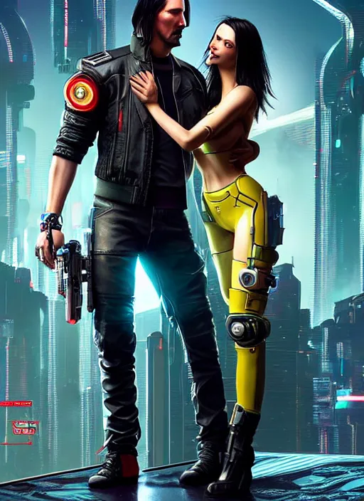 Prompt: a cyberpunk 2077 couple portrait of a Keanu Reeves as johnny silverhand and a female android in final kiss,couple pose,love,fantasy, intricate, elegant,by Alex Horley,Heather Theurer,aaron horkey,Greg Rutkowski,artstation,deviantart,FAN ART,Digital painting,face enhance,highly detailed,8K,octane,golden ratio,cinematic lighting