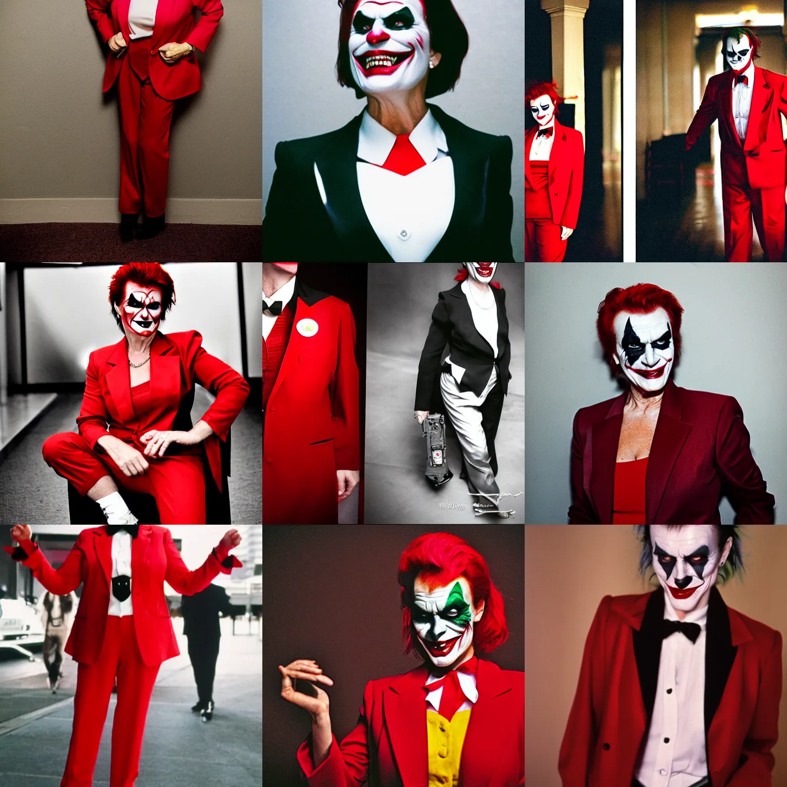 Prompt: Pauline Hanson as the joker from the dark knight, in a red suit tuxedo | 35mm photograph | portrait photo