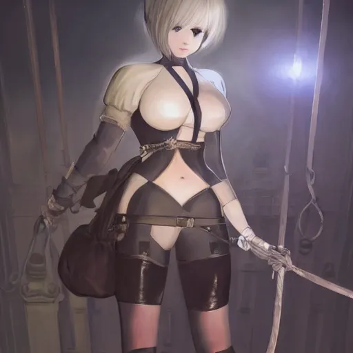 Image similar to a painting of 2 b nier automata tied up in a dungeon with a bag on her head, full view, popular on artstation, artstationhd, artstationhq 8 k, volumetric lighting, trending on artstation, artstationhd, artstationhq, ultra detailed, detailed head, by artgerm and james gurney, greg rutkowski