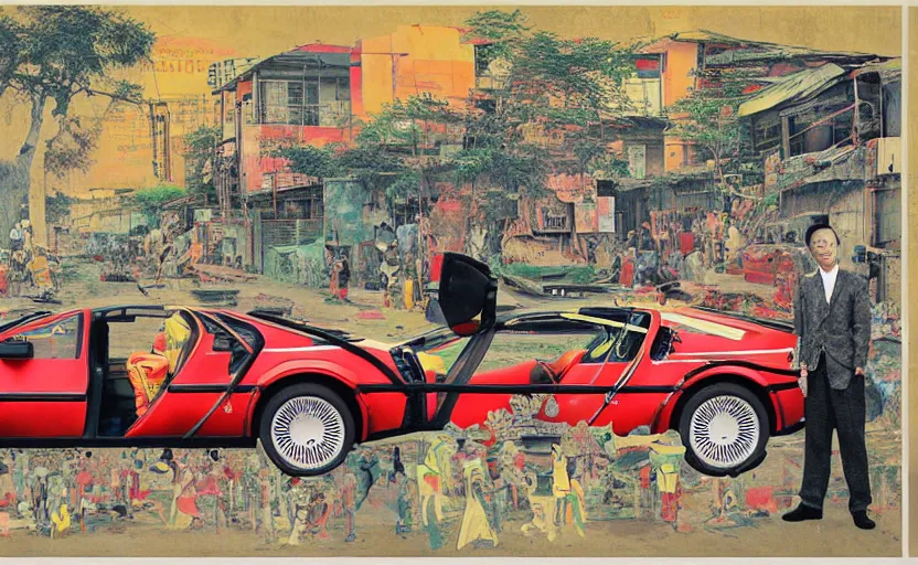 Image similar to a red delorean and a yellow tiger in ajegunle slum of lagos - nigeria, painting by hsiao - ron cheng, utagawa kunisada & salvador dali, magazine collage style,