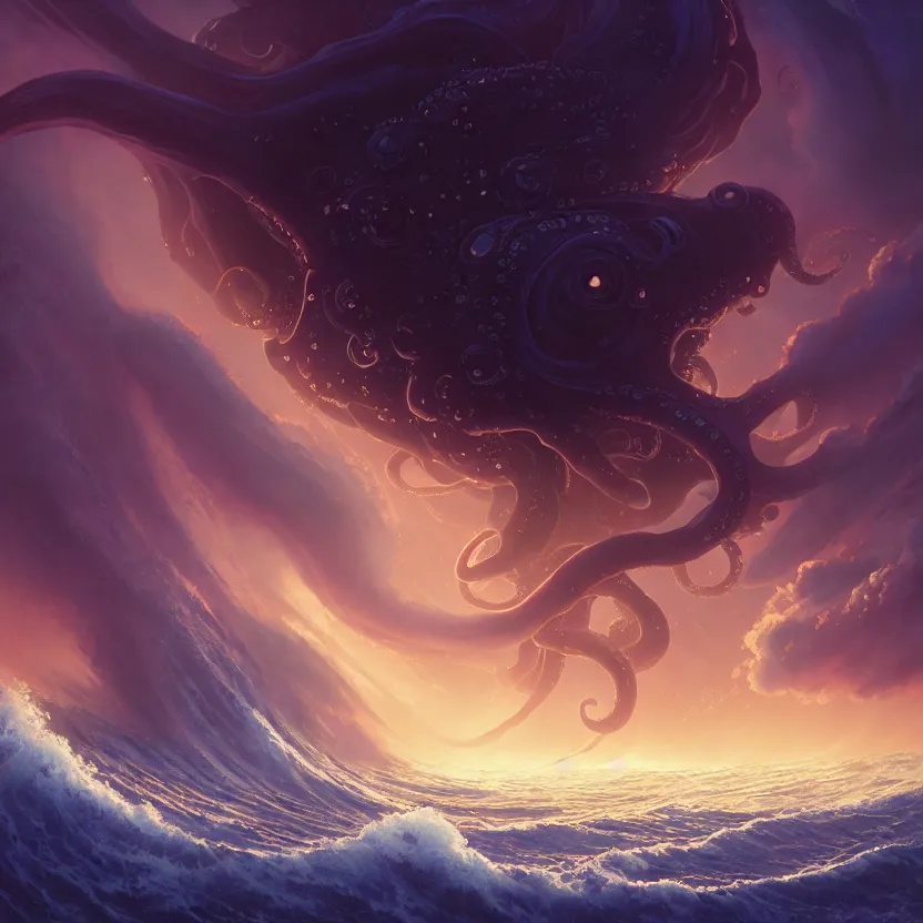 Image similar to treasure planet, giant octopus monster in a stormy sea with huge waves, huge tentacles, clouds, stars, rings, beautiful lighting, vivid colors, intricate, elegant, smooth, concept art, cinematic, unreal engine, wallpaper, by syd mead, terada katsuya, atey ghailan, svetlin velinov, makoto shinkai art style